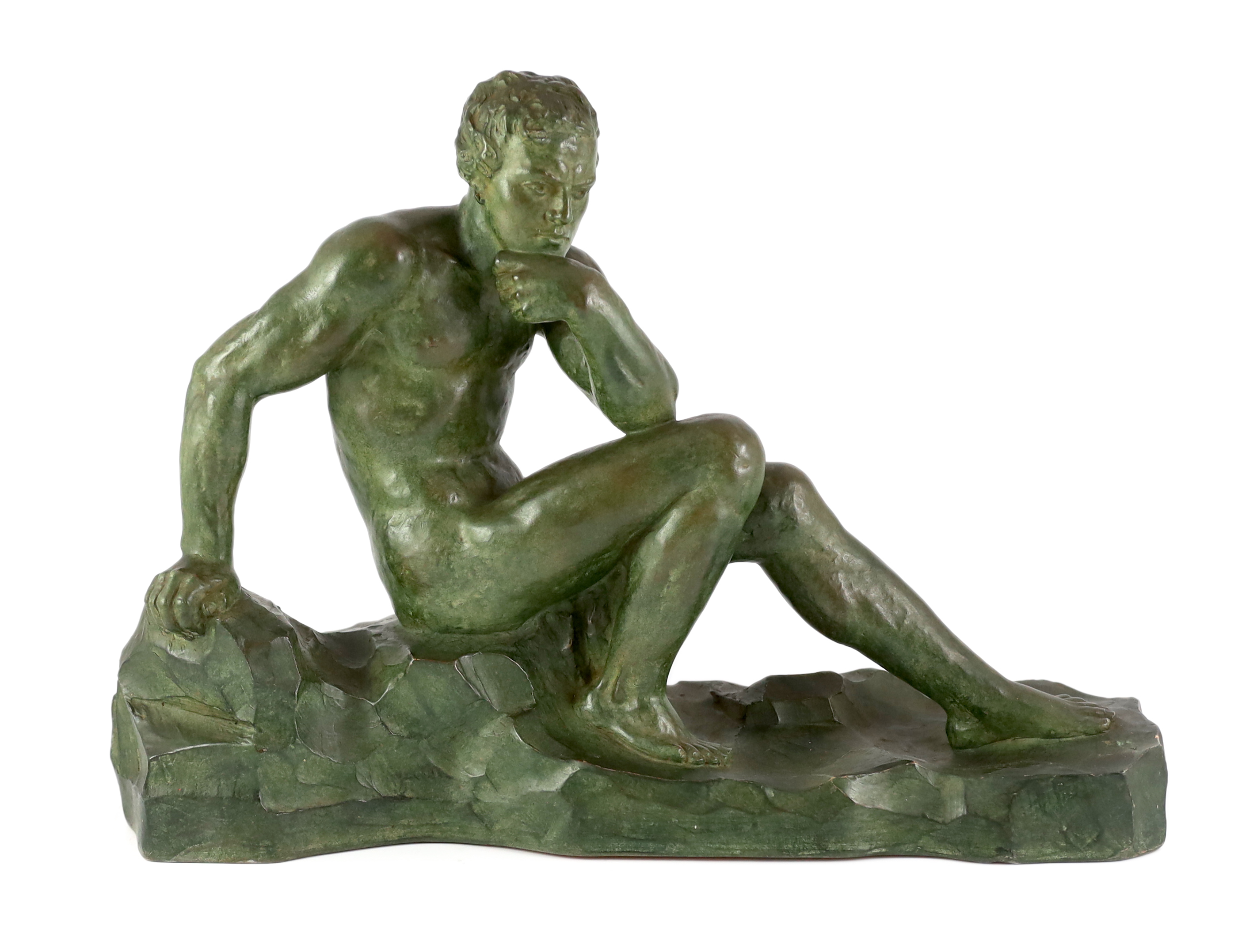 Alexandre Ouline (French, fl.1918-1940). An Art Deco bronzed terracotta sculpture, signed, 50cm wide, 15cm deep, 35cm high